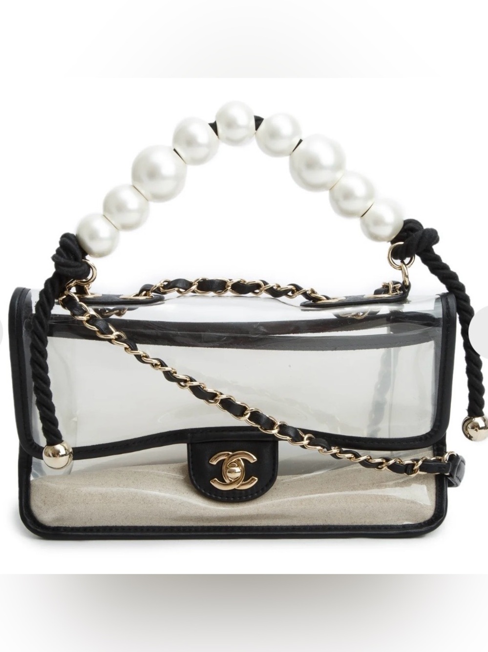 *RARE* CHANEL By The Sea Sand Bag with Pearl Top Handle - Black/White/Gold